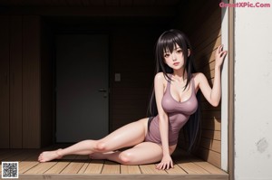 A naked anime girl sitting on the edge of a swimming pool.