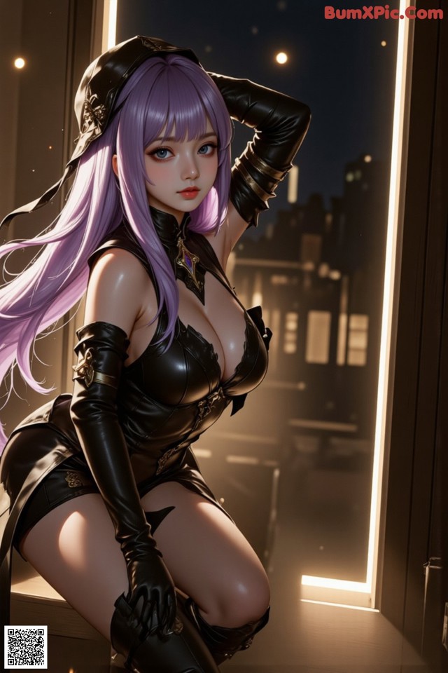 Hentai - The Velvet Nightfolds Embrace Her Regal Presence Set.1 20250104 Part 3 No.b632e9 A woman with long purple hair sitting on a window sill.