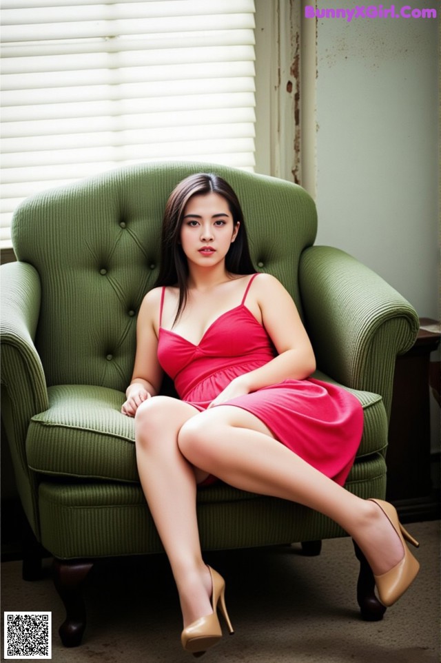 A woman in a red dress sitting on a green chair.