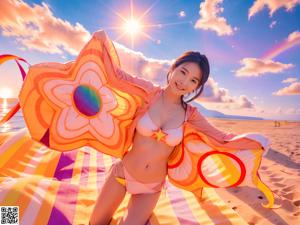 A woman in a pink bikini standing on a beach.