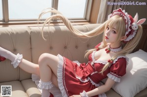 A girl in a red dress with long blonde hair.