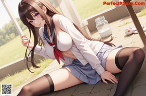 A woman in a white school uniform posing for a picture.