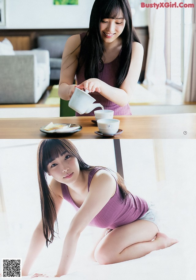 A woman in a purple tank top is pouring tea into a cup.