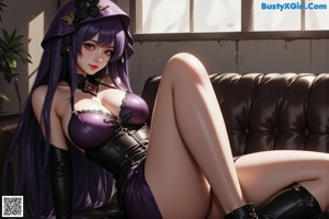 A woman with purple hair wearing a black hoodie.