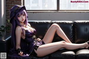 A woman in a purple and black outfit is posing for a picture.