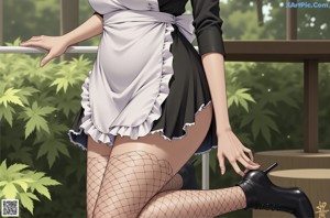 A woman in a maid outfit is sitting on the grass.