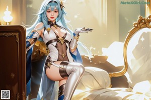 A woman with long blue hair holding a sword.