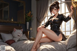 A woman sitting on top of a bed in lingerie.