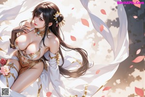 A woman in a white dress with red roses on her thigh.