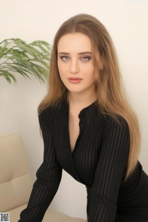 A woman sitting on top of a white bed.