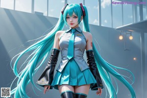 A woman with long blue hair wearing a green and black outfit.