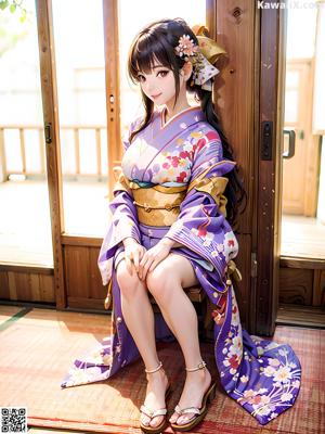 A woman in a blue kimono sitting on a wooden bench.