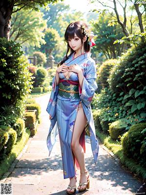 A naked woman in a kimono sitting on a wooden bench.
