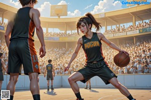 A woman in a white shirt and black shorts playing basketball.