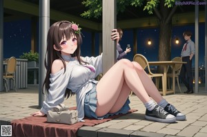 A woman in a school uniform sitting on a bed.