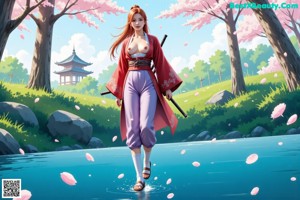 A woman in traditional attire stands on a path surrounded by cherry blossoms and greenery.