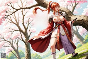 A woman in traditional attire holds a sword, standing outdoors with cherry blossoms and a building in the background.
