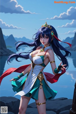 A woman in a white dress with a crown on her head.