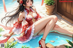 A woman in a red and white dress is sitting in the clouds.