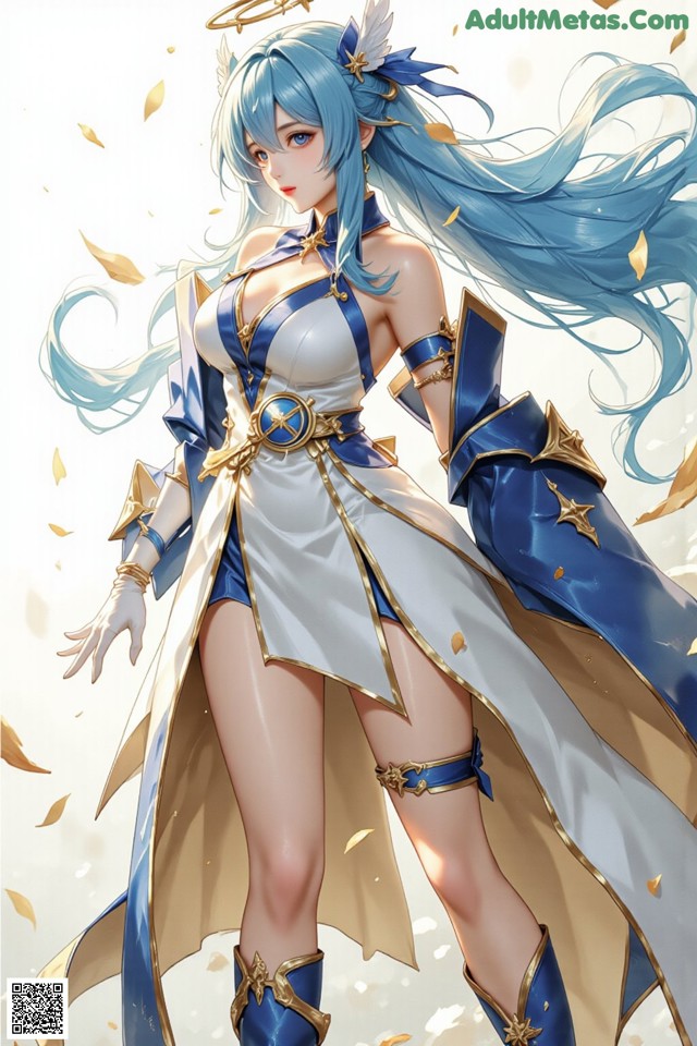 Hentai - Captivating Grace of the Cosmic Maiden Set.2 20250125 Part 13 No.8c149b A woman with long blue hair wearing a white and blue outfit.