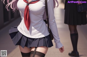 A woman in a school uniform holding a lamp post.