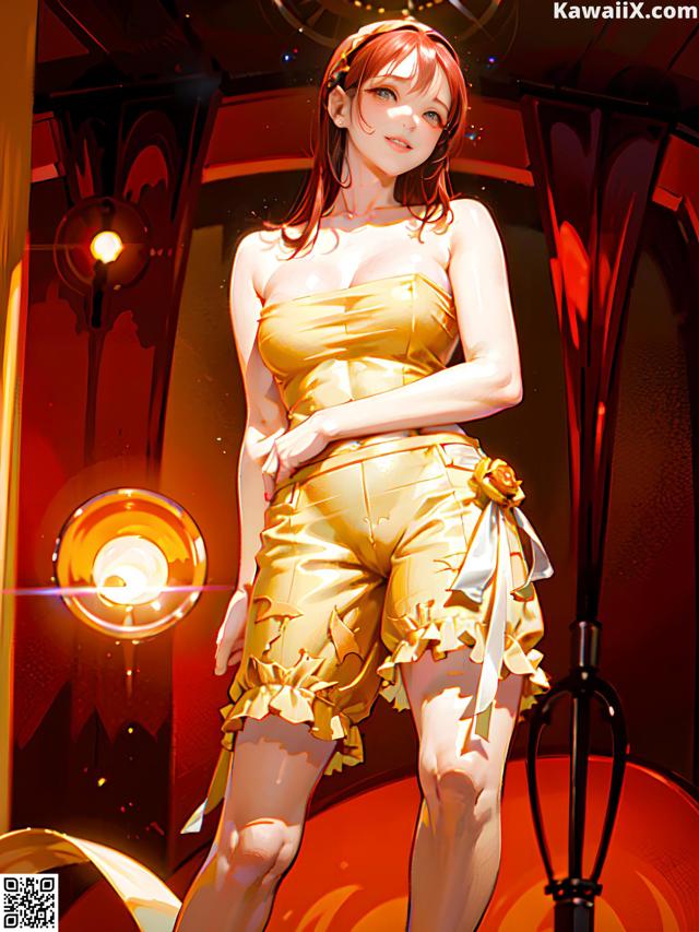 A woman in a yellow dress standing on a stage.