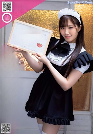 A woman in a maid outfit is peeking out from behind a curtain.