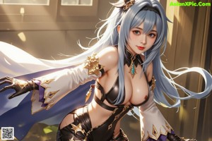 A woman with long blue hair standing in a body of water.