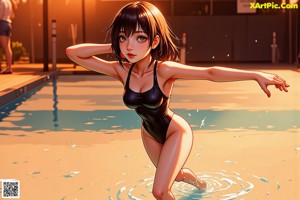 A woman in a black bikini standing in a pool.