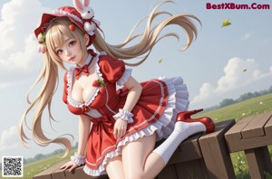 a woman in a red and white dress holding a strawberry