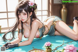 A woman in a white lingerie sitting on a bed.