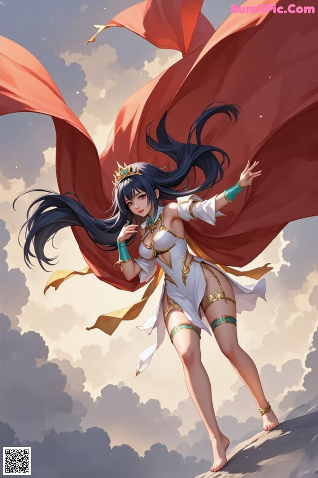 Hentai - Under the Radiance of Celestial Grace Set.2 20250124 Part 4 No.f16b67 A woman in a white dress with a red cape flying in the air.