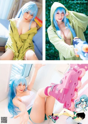 A woman with blue hair holding a baseball bat.