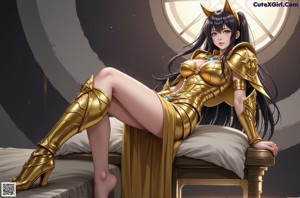 A woman sitting on a bed in a room.