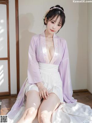 A woman in a pink kimono sitting on a bed.