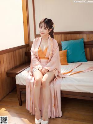 A woman in a pink robe sitting on a bed.